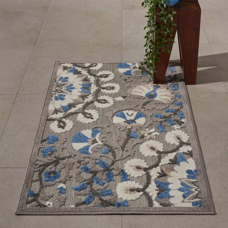 Winston Porter Caragh Floral Indoor / Outdoor Area Rug in Gray/Blue